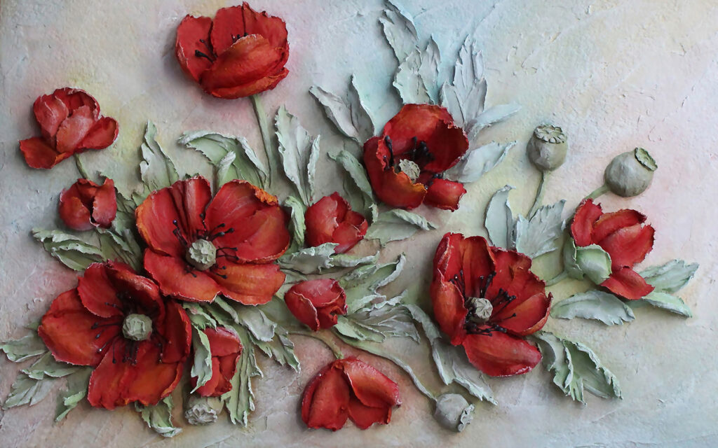 Levendige rode bloemen in zachte tinten — volledig ontwerp