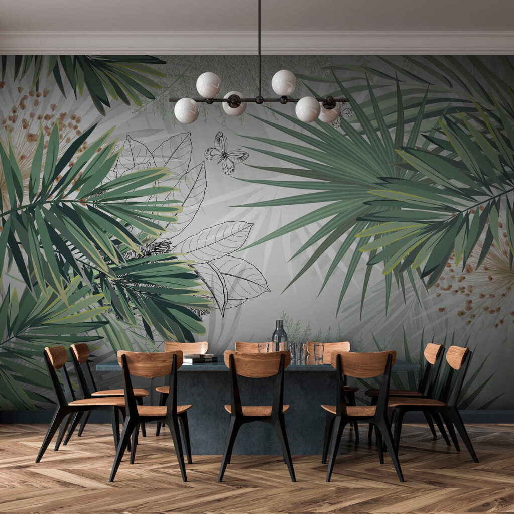 Palmwaaiers tussen lichte tekenlijnen — interieur 8