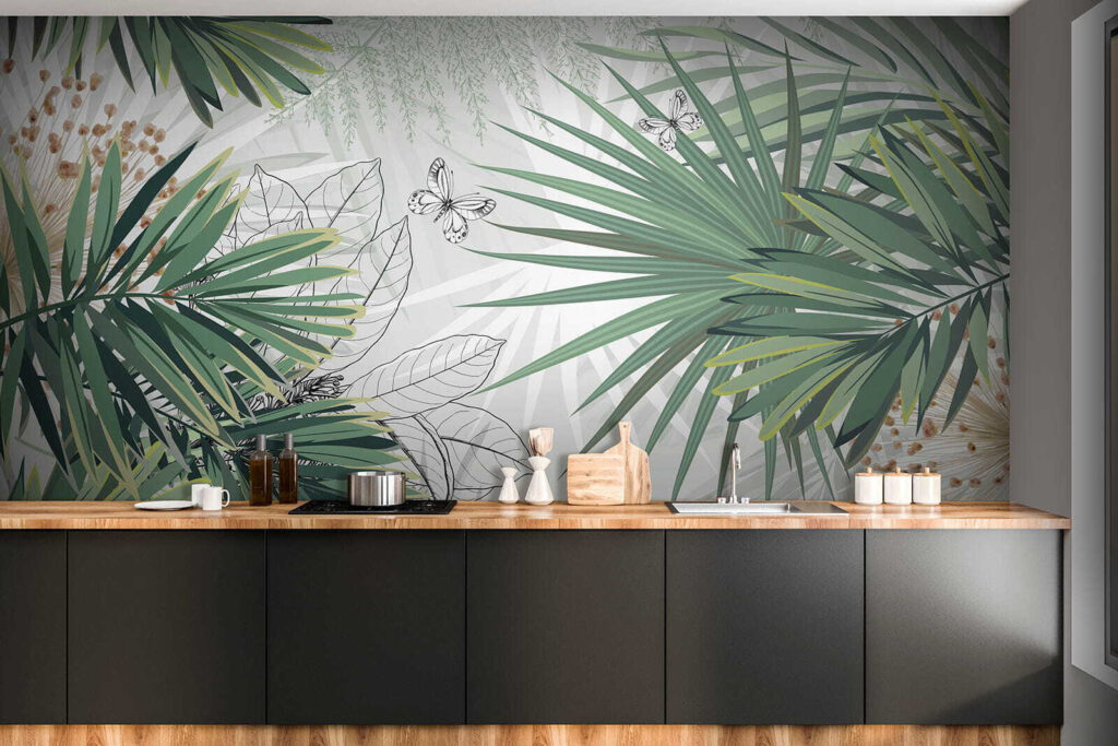 Palmwaaiers tussen lichte tekenlijnen — interieur 9