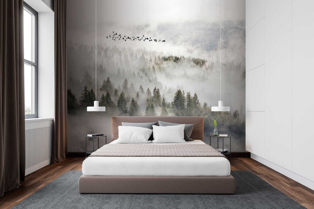 Vogels boven mistige boomkruinen — interieur 2