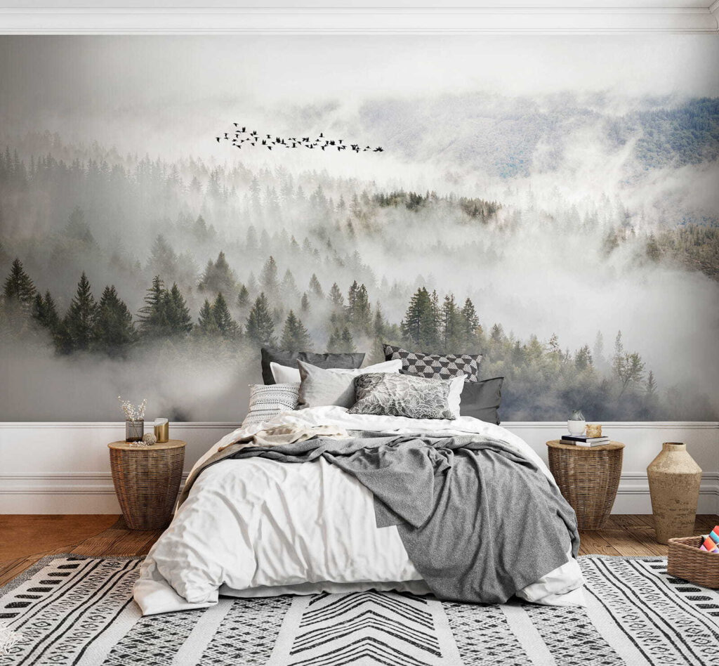 Vogels boven mistige boomkruinen — interieur 4