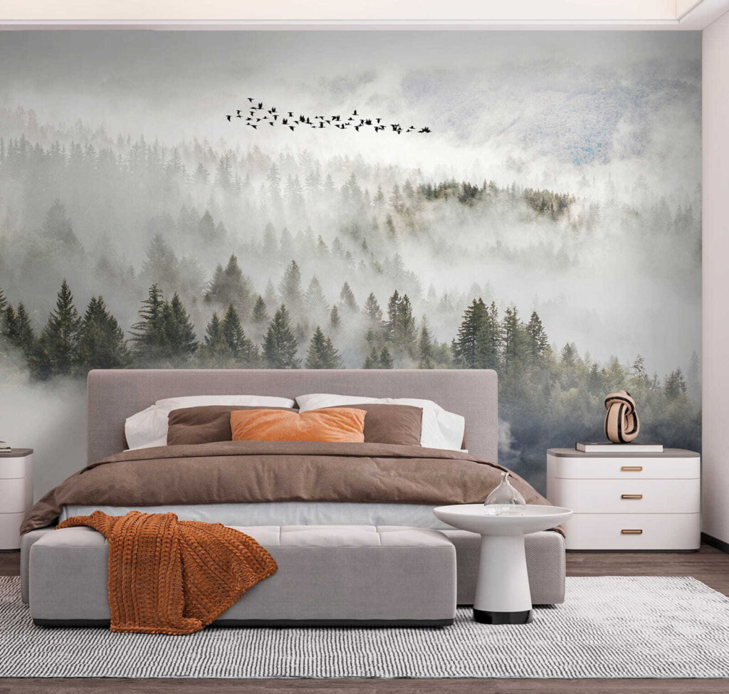 Vogels boven mistige boomkruinen — interieur 5