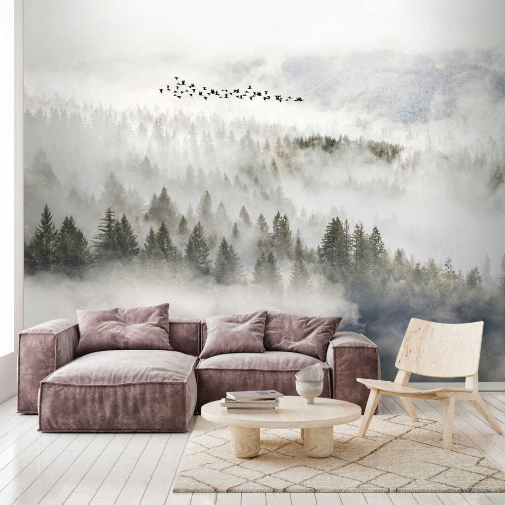 Vogels boven mistige boomkruinen — interieur 6