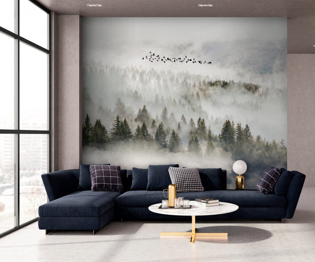 Vogels boven mistige boomkruinen — interieur 7