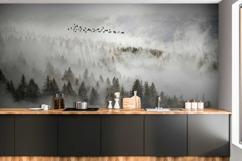 Vogels boven mistige boomkruinen — interieur 9