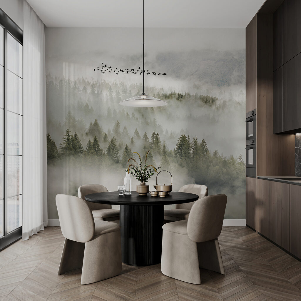 Vogels boven mistige boomkruinen — interieur 10