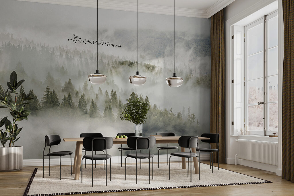 Vogels boven mistige boomkruinen — interieur 11