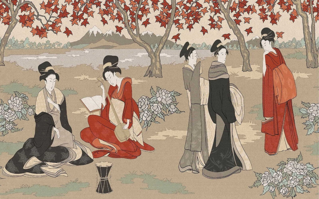 Vrouwen onder rode herfstbomen — volledig ontwerp