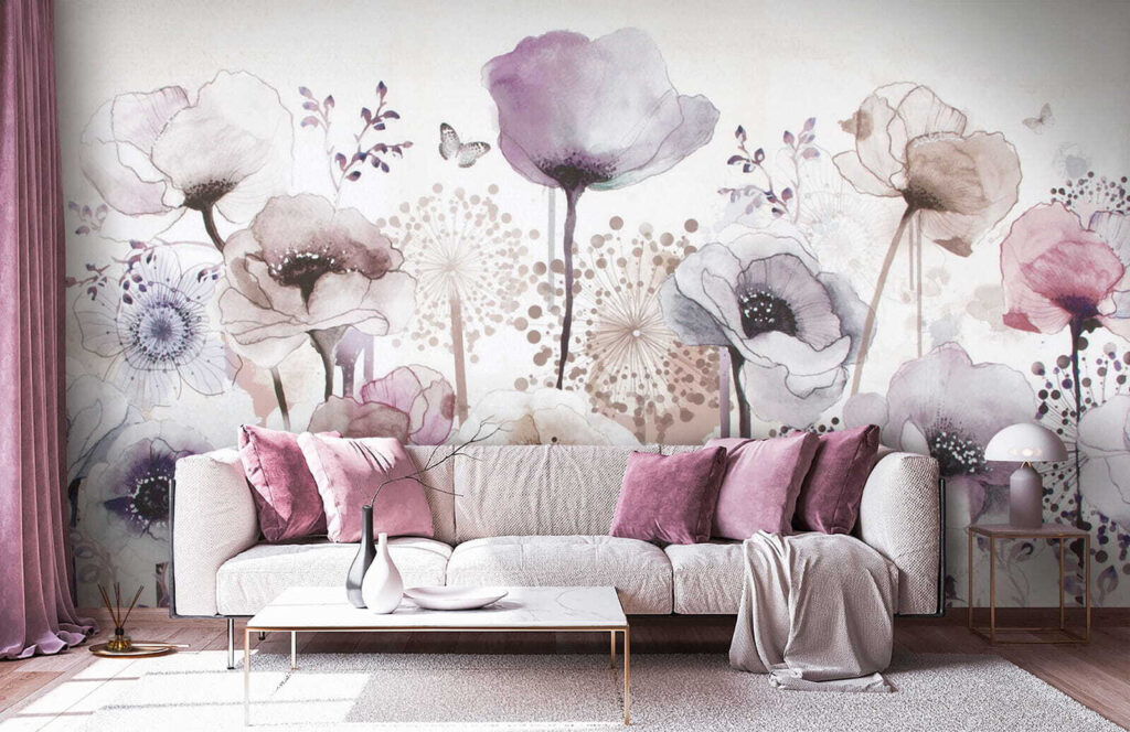 Schilderij van bloemen en vlinders in een interieur