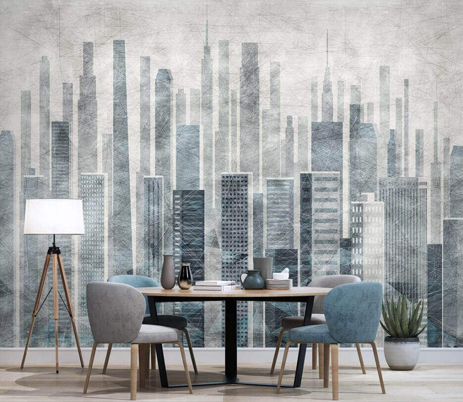 Skyline van de stad met veel hoge gebouwen in een interieur