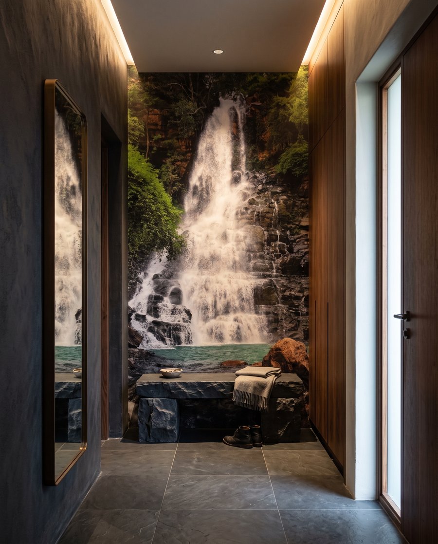 Waterval tussen donkere rotsen in een interieur