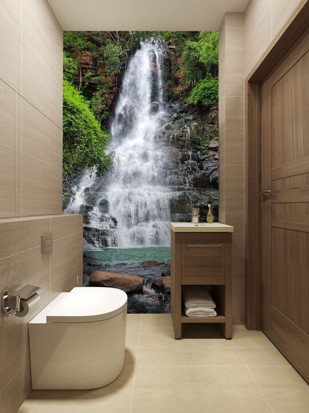 Waterval met rotsen en bomen in een interieur