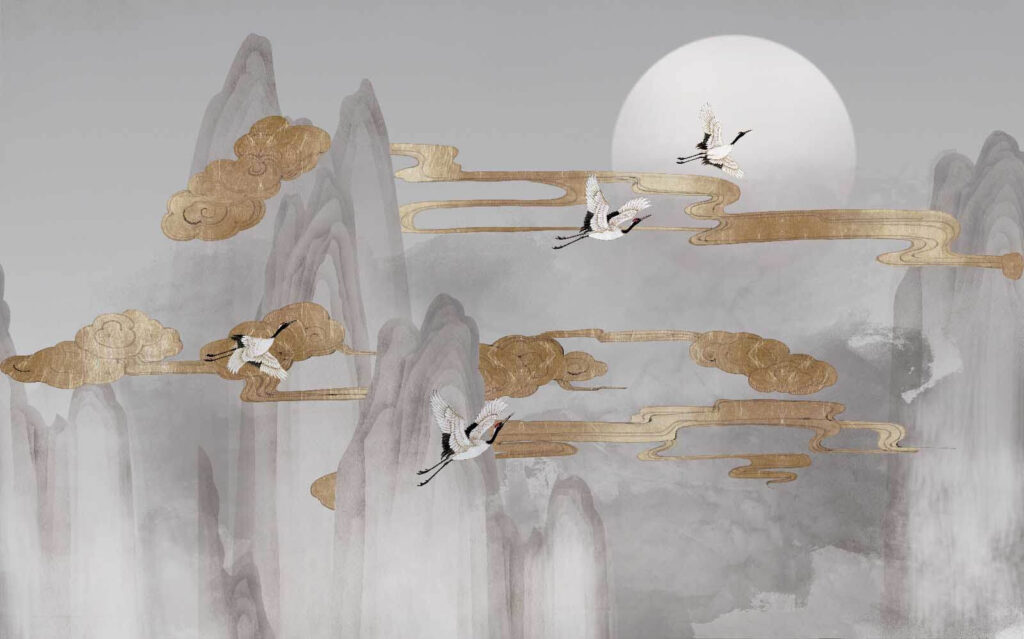 Kraanvogels tussen gouden wolkbanen — volledig ontwerp