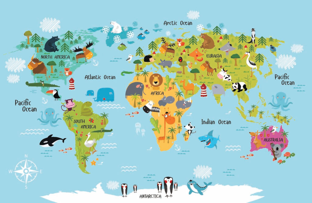 Dieren op een wereldkaart — volledig ontwerp
