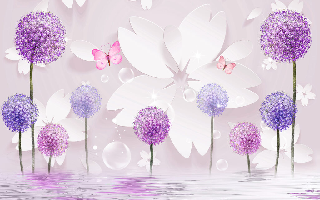 Bolvormige bloemen tussen vlinders — volledig ontwerp