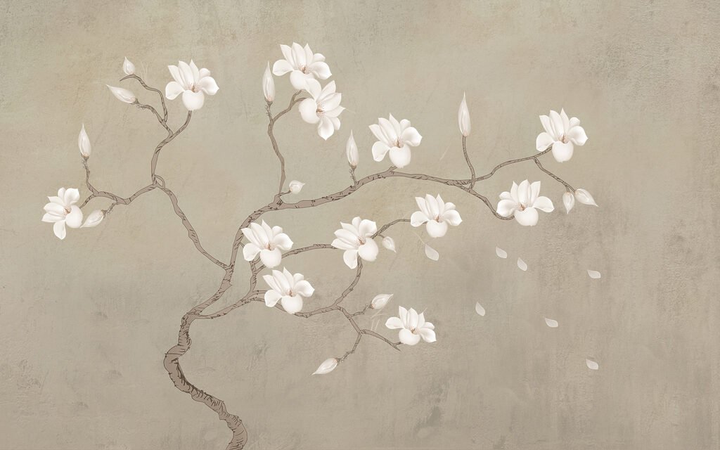 Witte bloemen aan kronkeltakken — volledig ontwerp