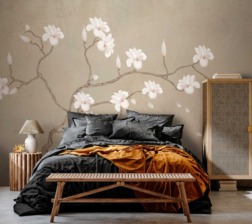 Witte bloemen aan kronkeltakken — interieur 2