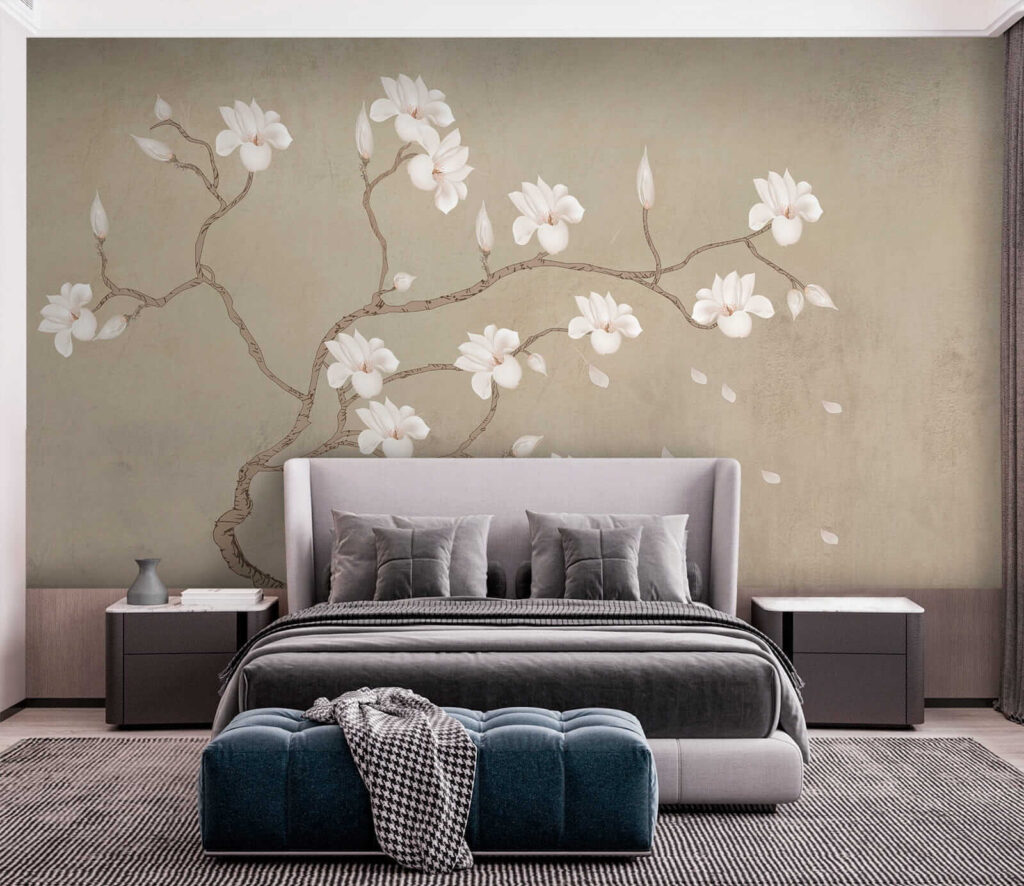 Witte bloemen aan kronkeltakken — interieur 3