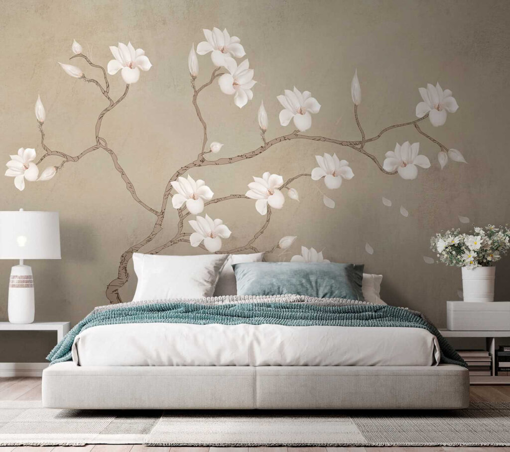 Witte bloemen aan kronkeltakken — interieur 4