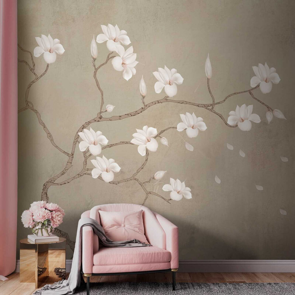Witte bloemen aan kronkeltakken — interieur 5