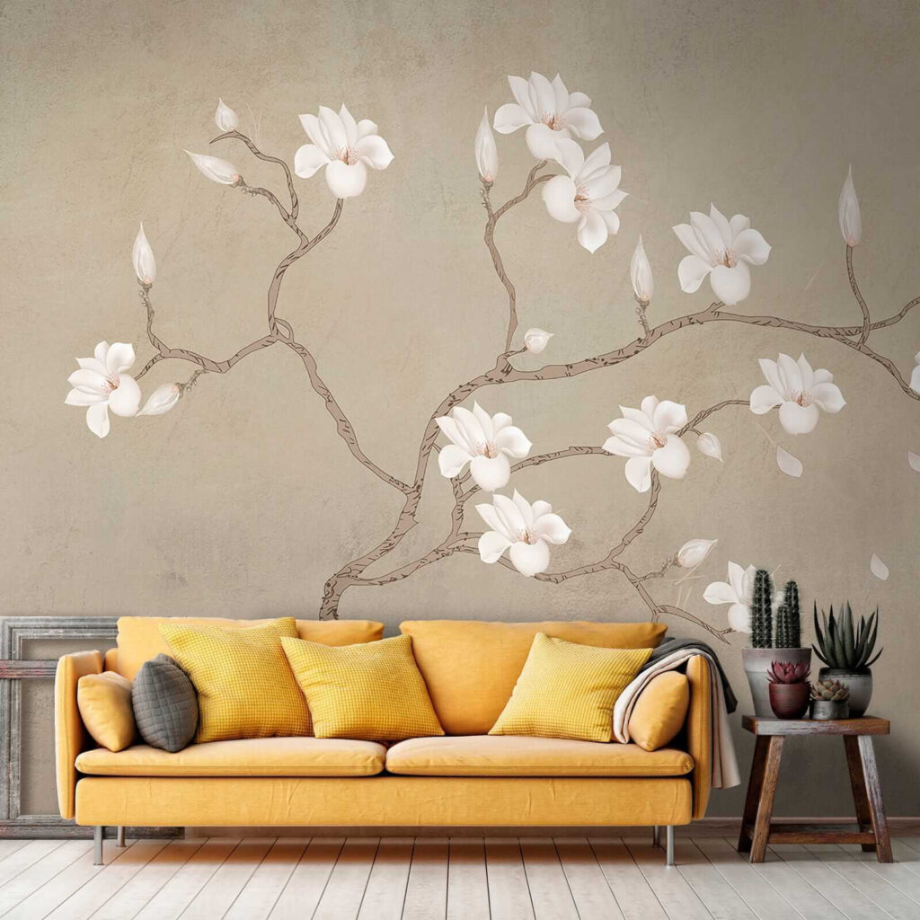 Witte bloemen aan kronkeltakken — interieur 6
