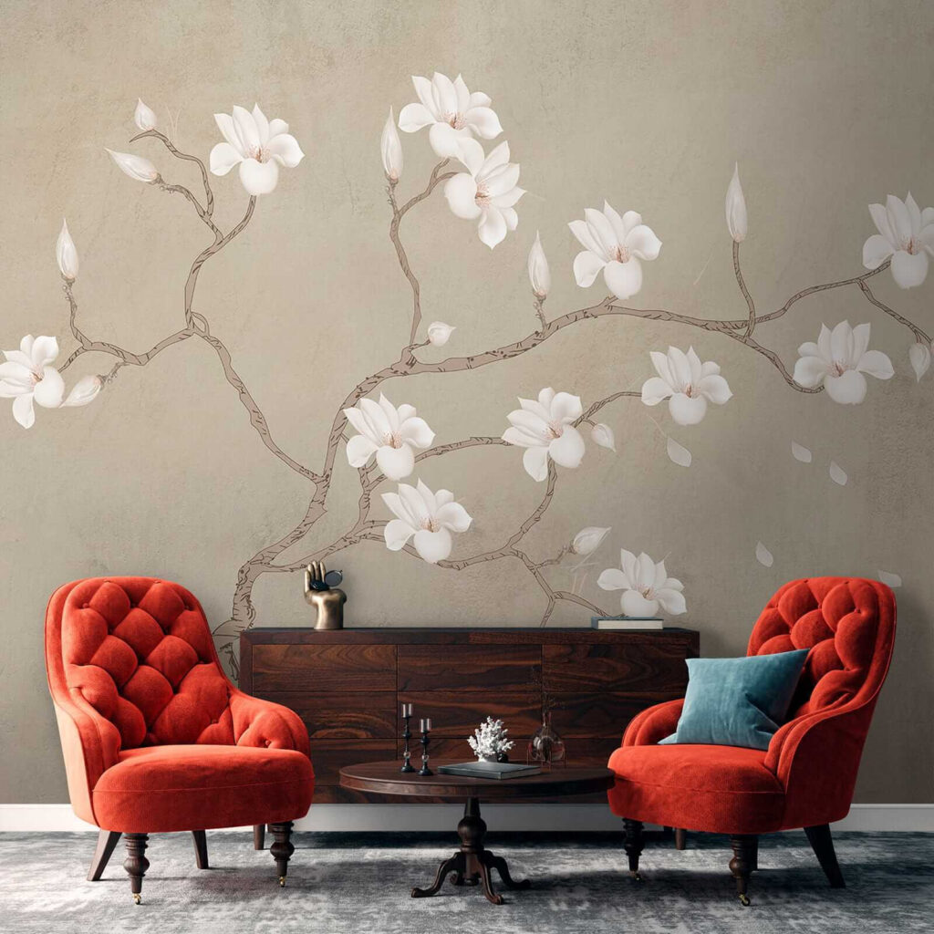 Witte bloemen aan kronkeltakken — interieur 7