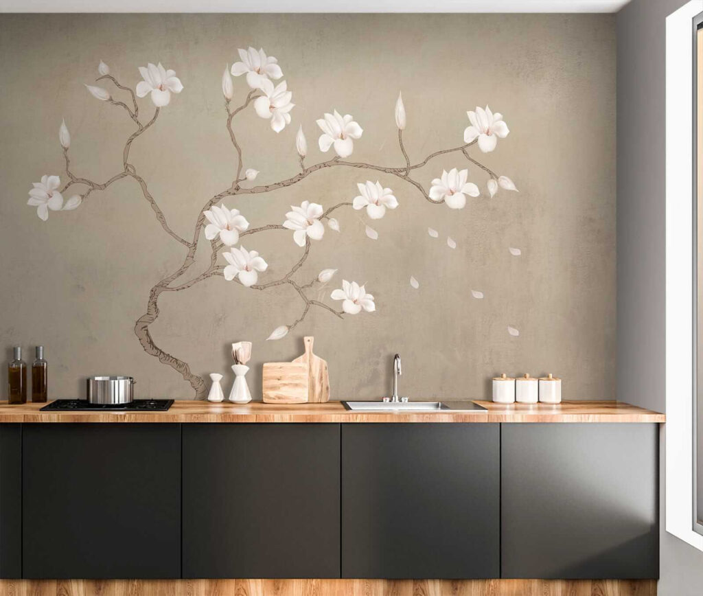 Witte bloemen aan kronkeltakken — interieur 8