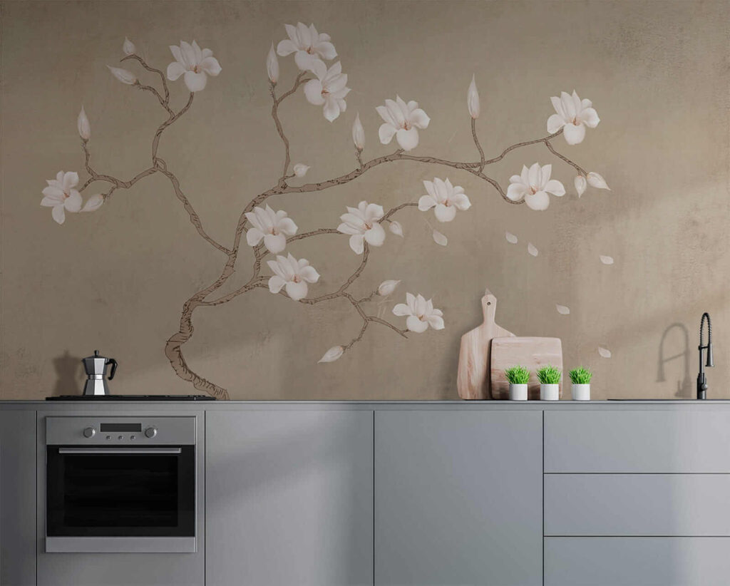 Witte bloemen aan kronkeltakken — interieur 9