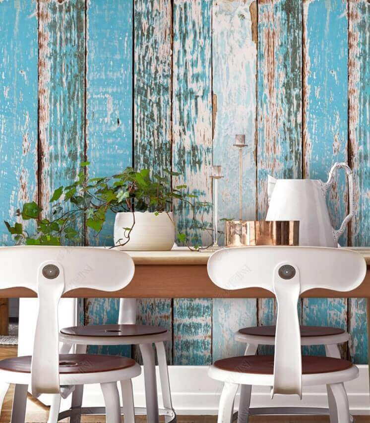 Blauwe planken met verfsporen — interieur 1