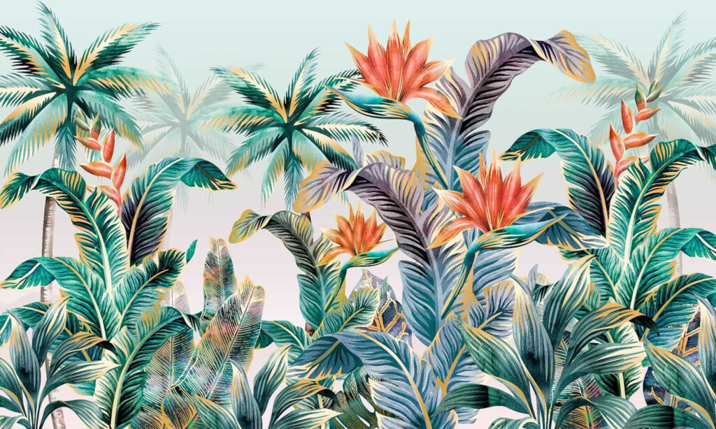 Tropenbladeren met warme bloemen — volledig ontwerp