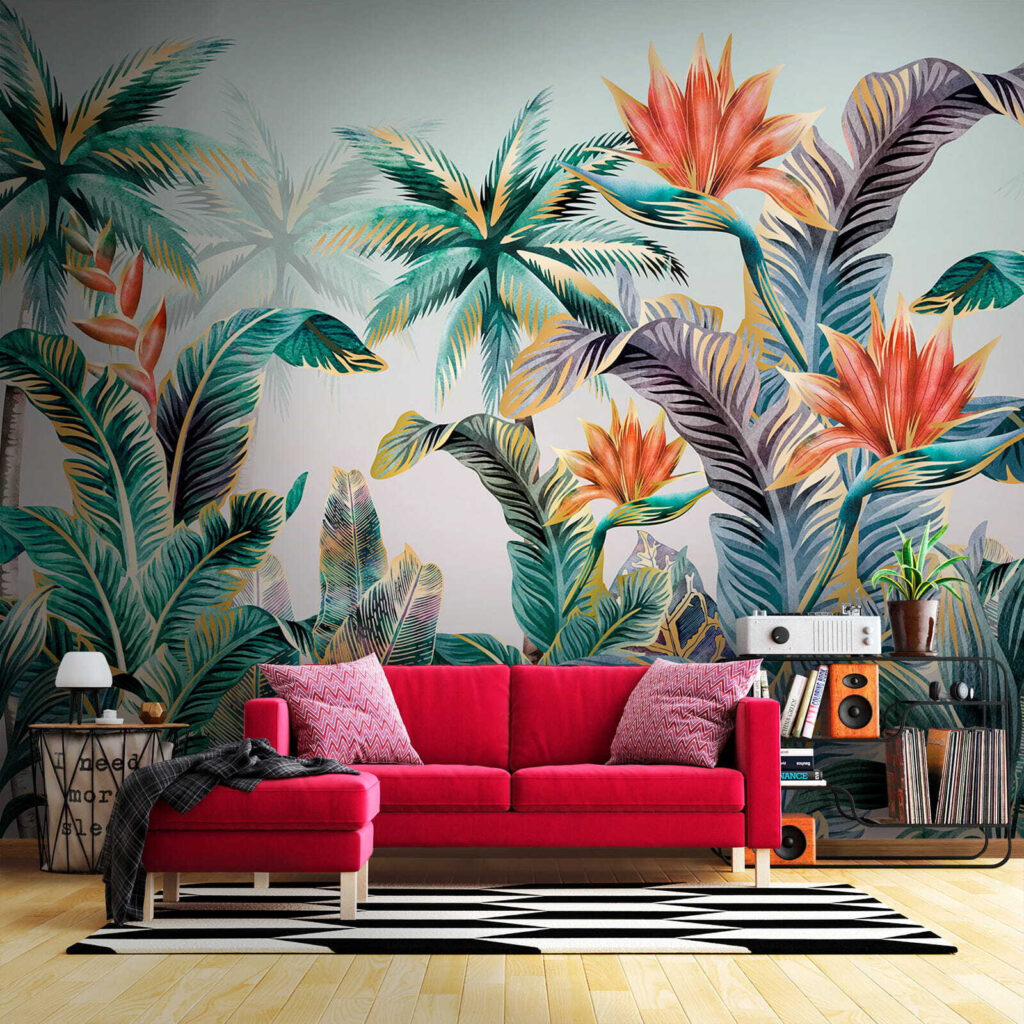 Tropenbladeren met warme bloemen — interieur 2