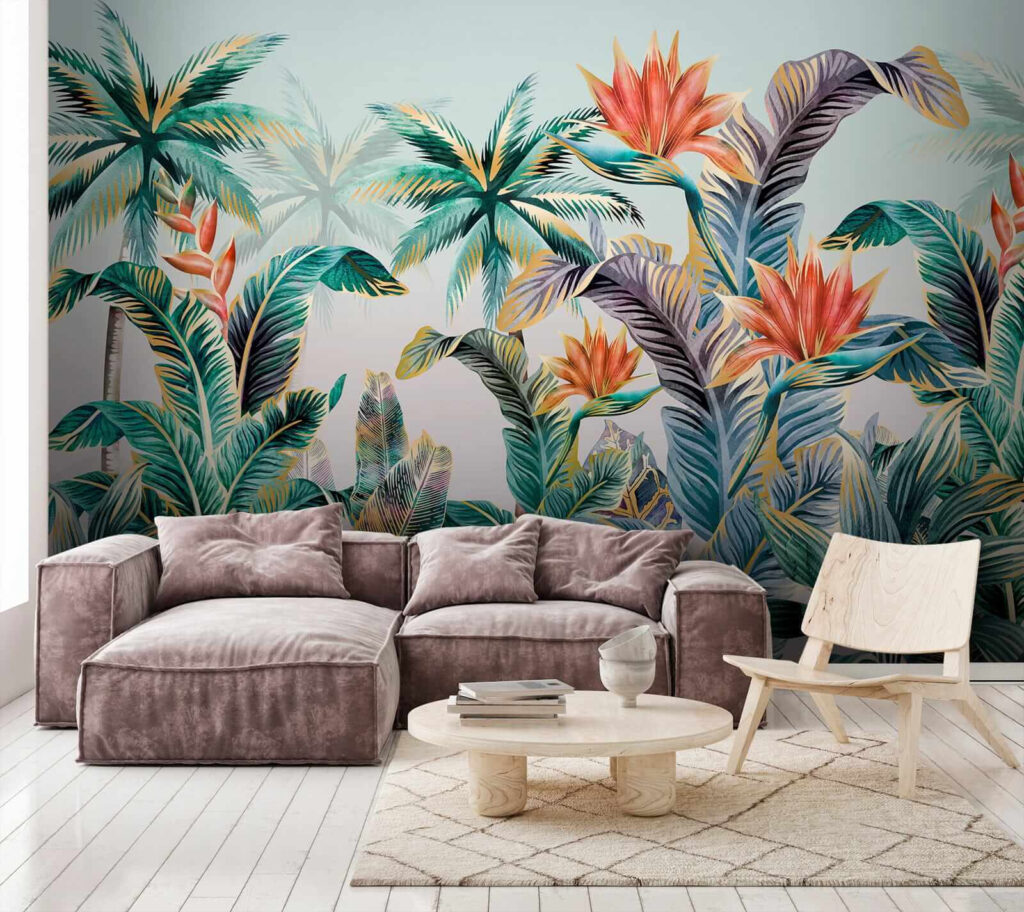 Tropenbladeren met warme bloemen — interieur 4