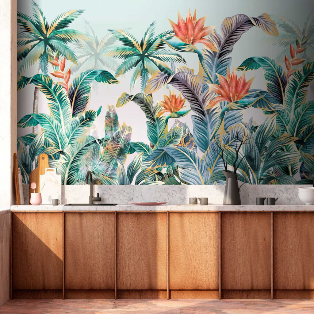 Tropenbladeren met warme bloemen — interieur 5