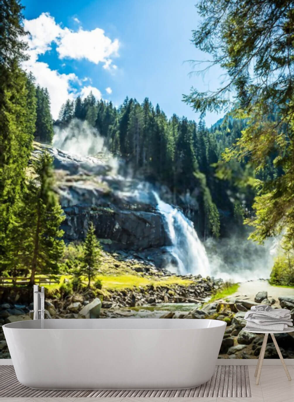 Waterval tussen zonnige naaldbomen — interieur 1