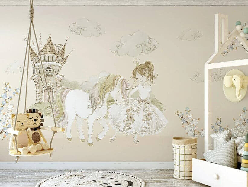 Meisje en een eenhoorn in een interieur