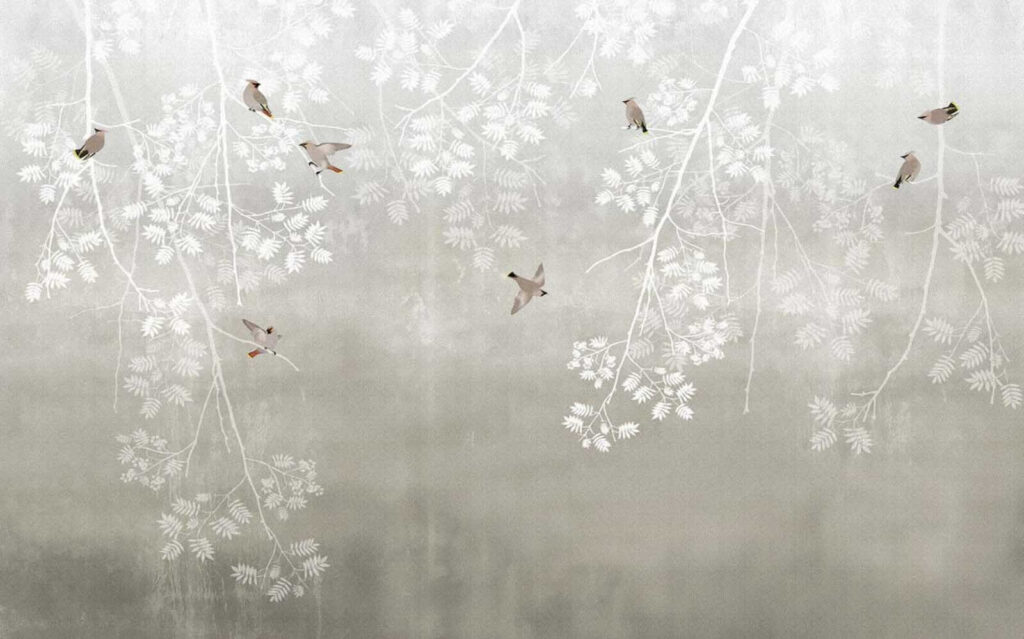 Vogeltjes tussen witte takjes — volledig ontwerp