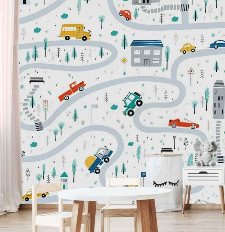 Kaart van auto's en gebouwen in een interieur