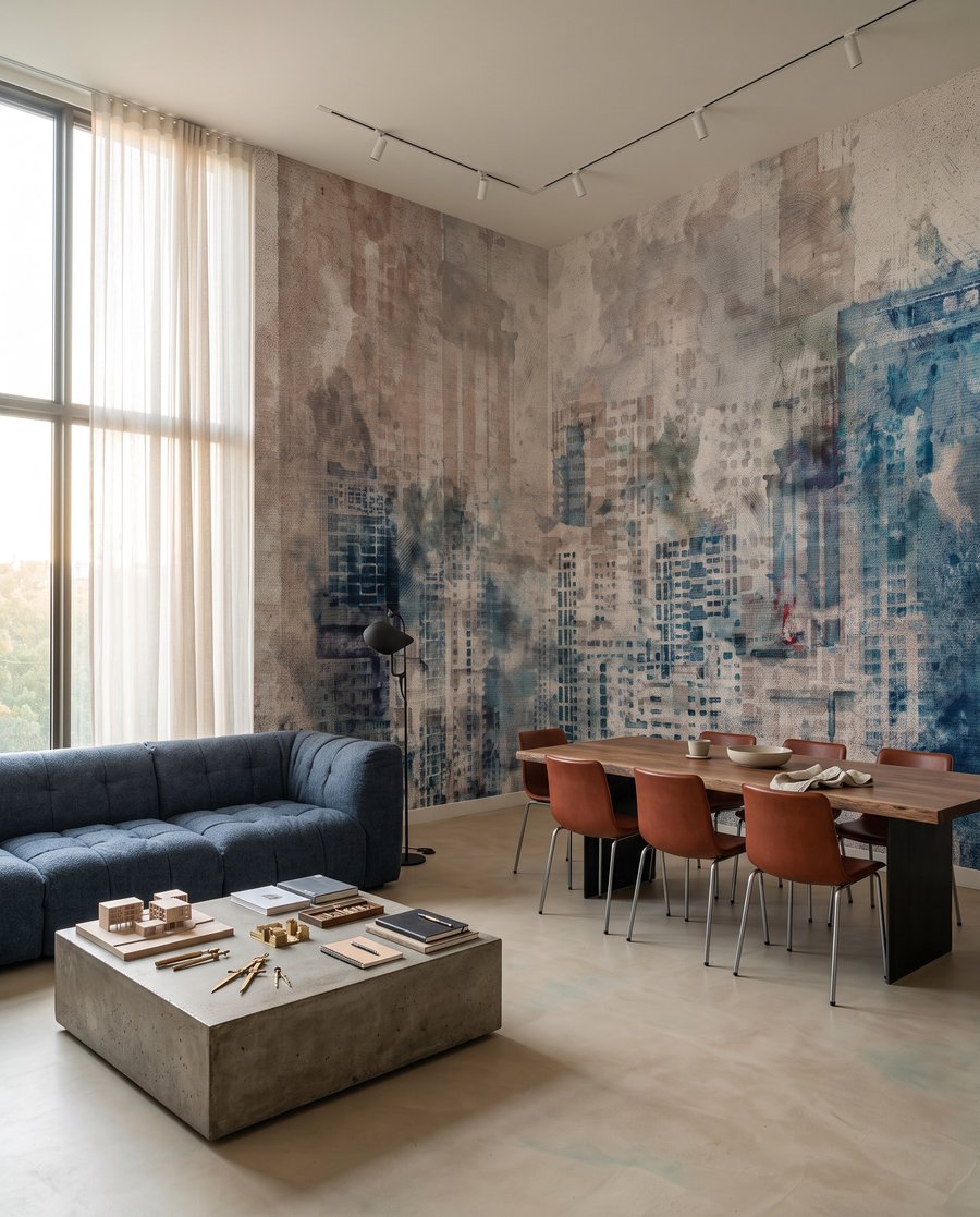 Skyline van de stad met veel gebouwen in een interieur