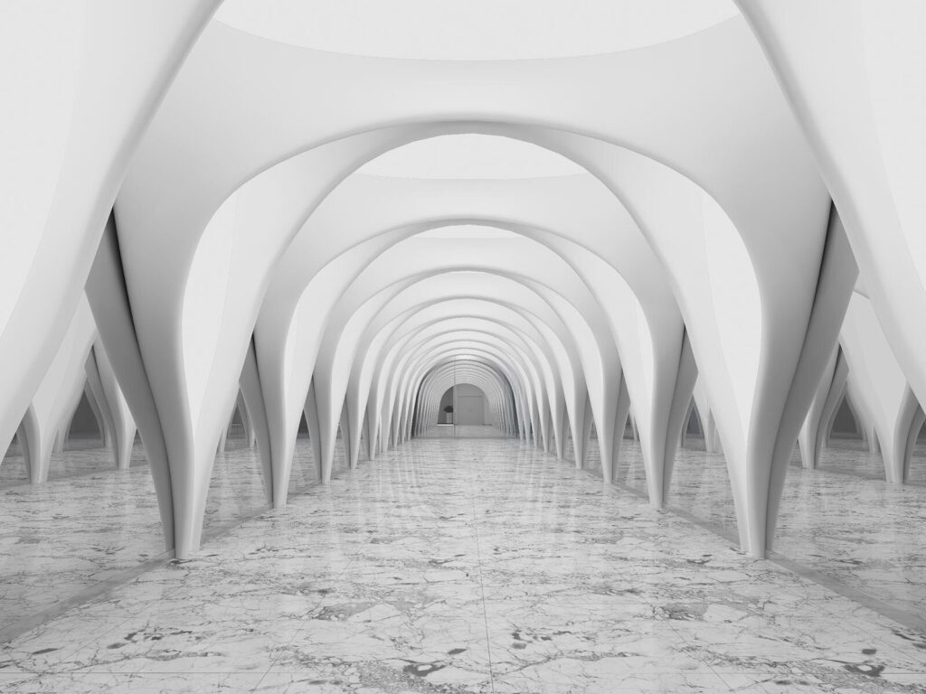 Witte bogen in spiegelgang — volledig ontwerp