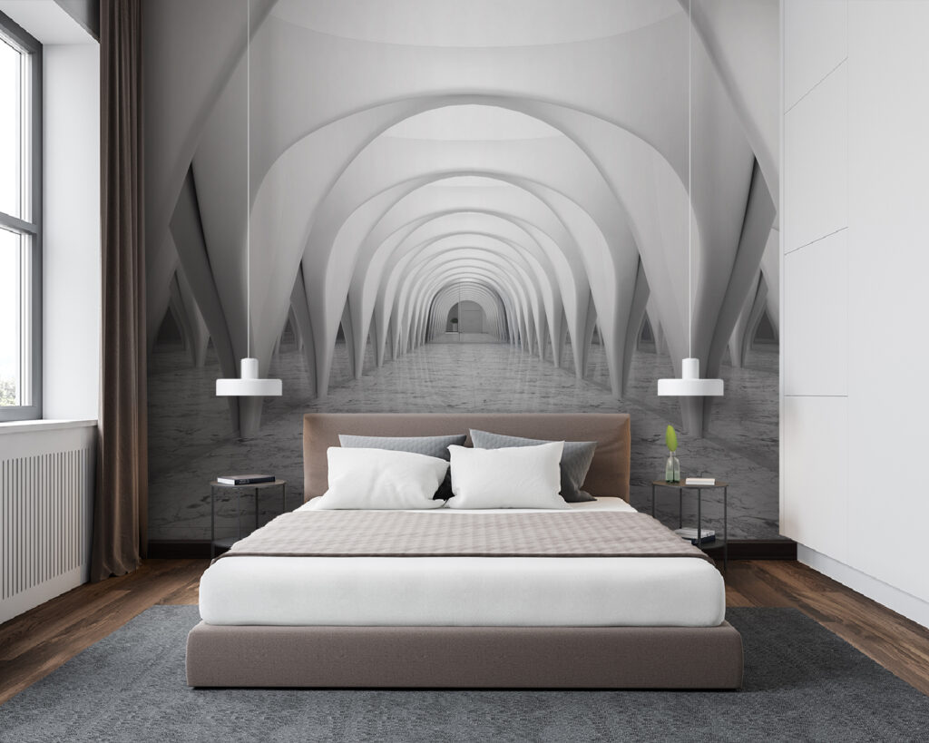 Witte bogen in spiegelgang — interieur 1