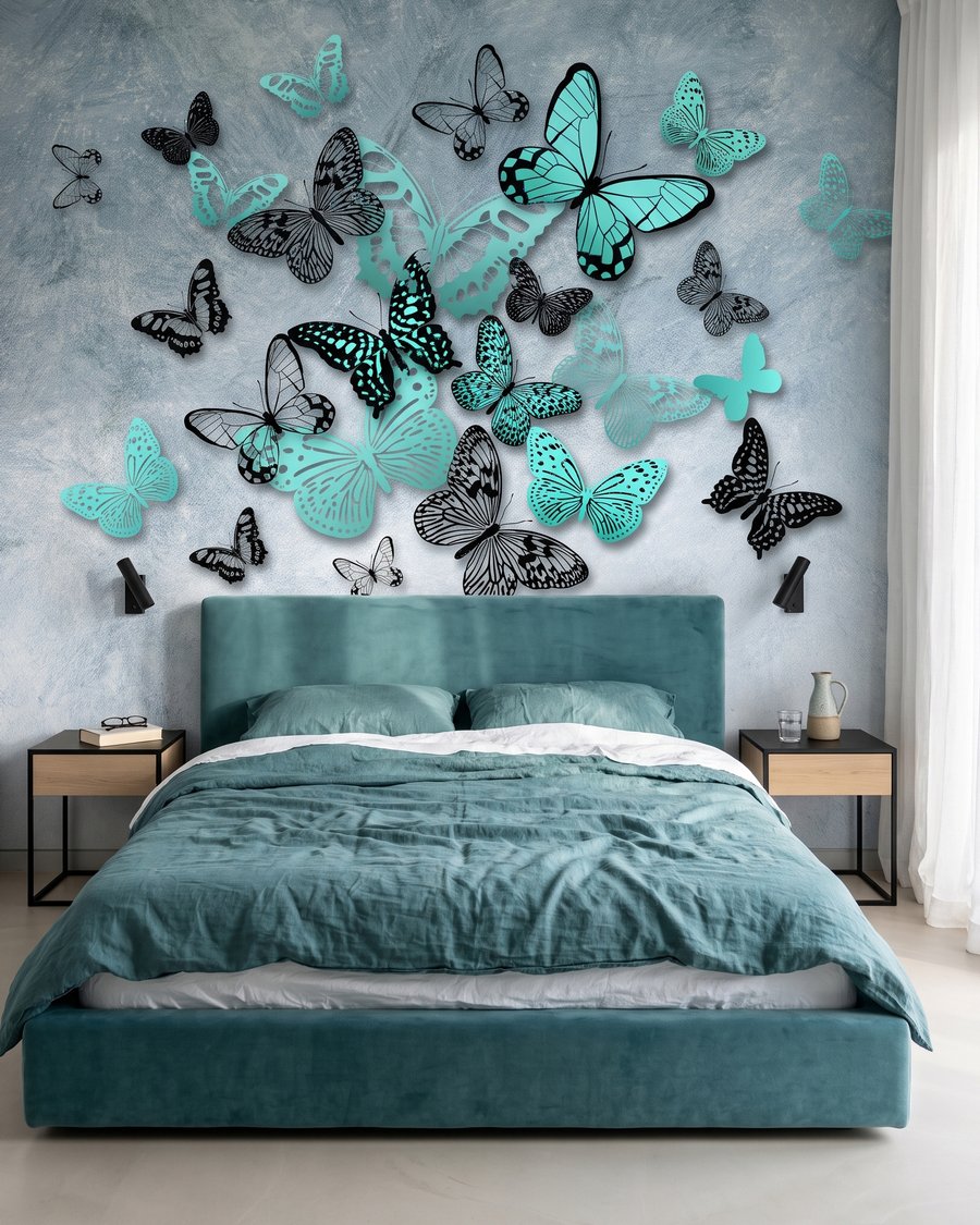 Turkooizen vlinders in beweging — interieur 2