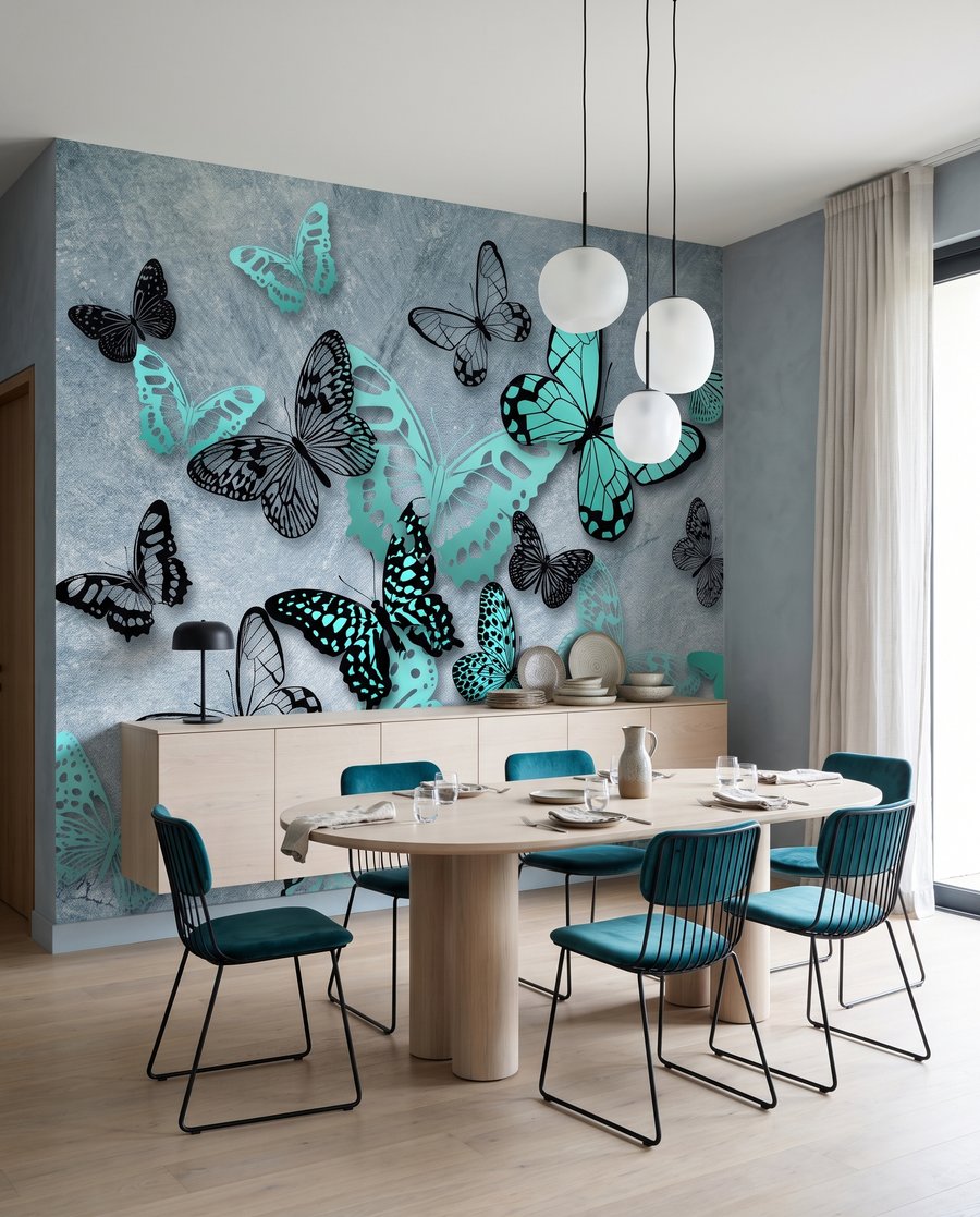 Turkooizen vlinders in beweging in een interieur