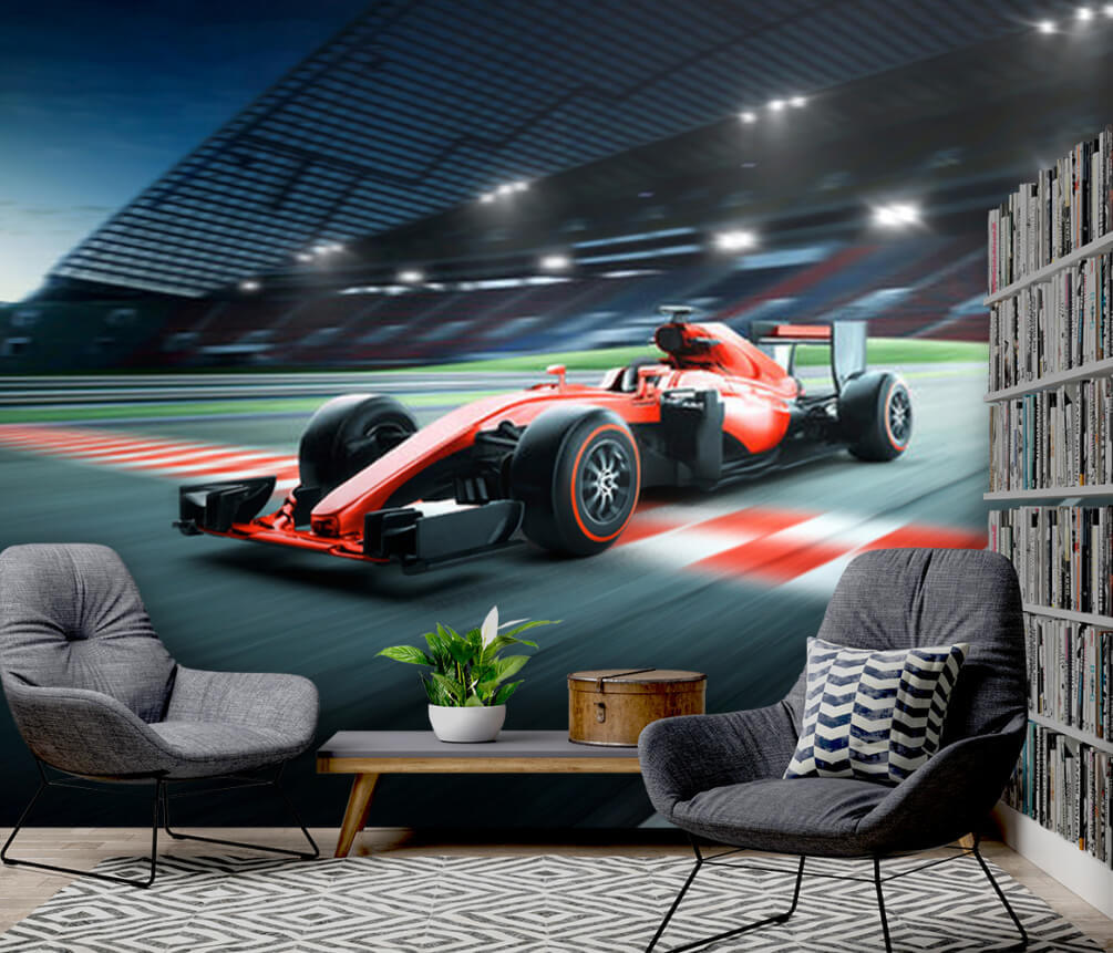 Raceauto op een circuit in een interieur