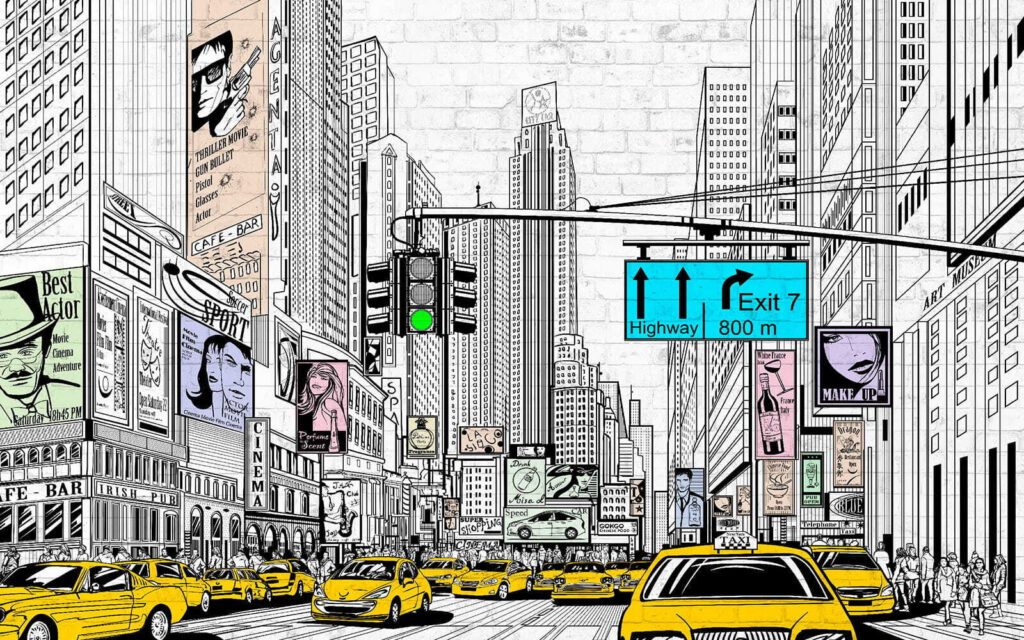 Gele taxi's tussen tekenlijnen — volledig ontwerp