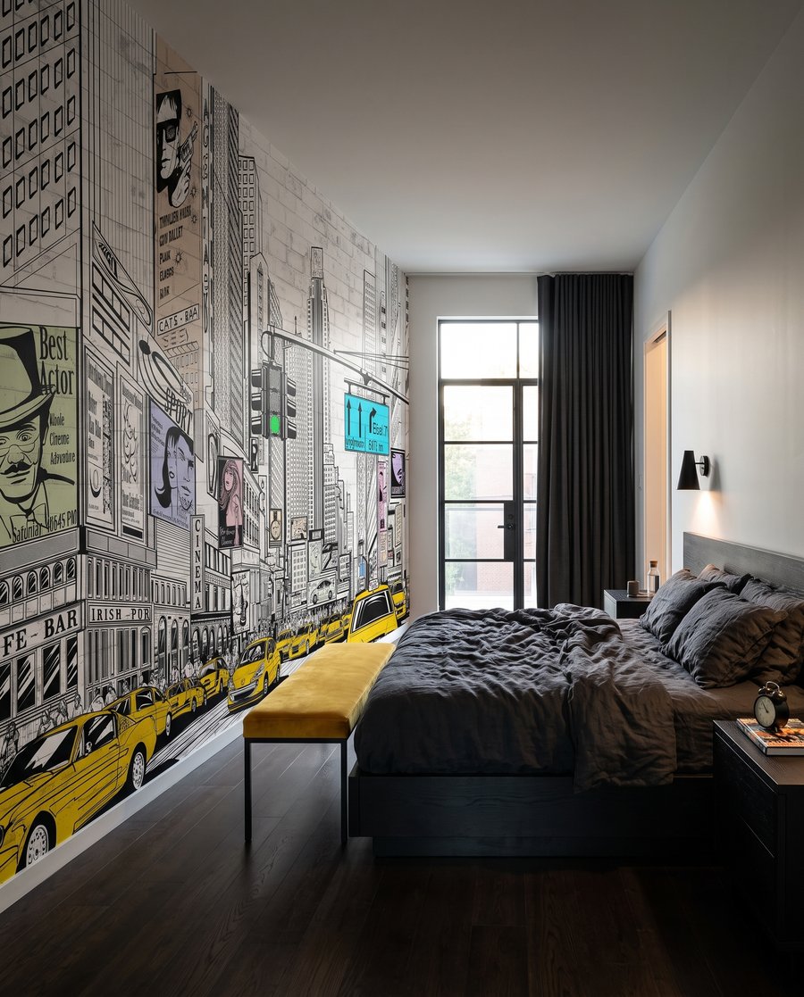 Gele taxi's tussen tekenlijnen — interieur 2