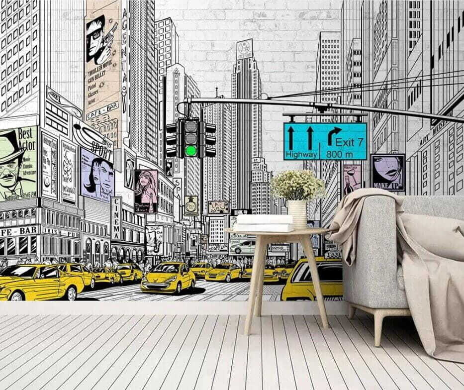 Tekening van een stadsstraat met auto's en gebouwen in een interieur