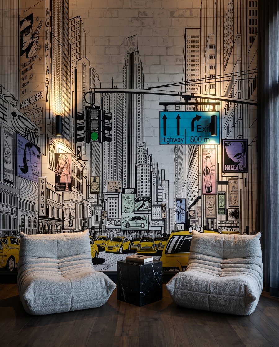 Gele taxi's tussen tekenlijnen — interieur 3