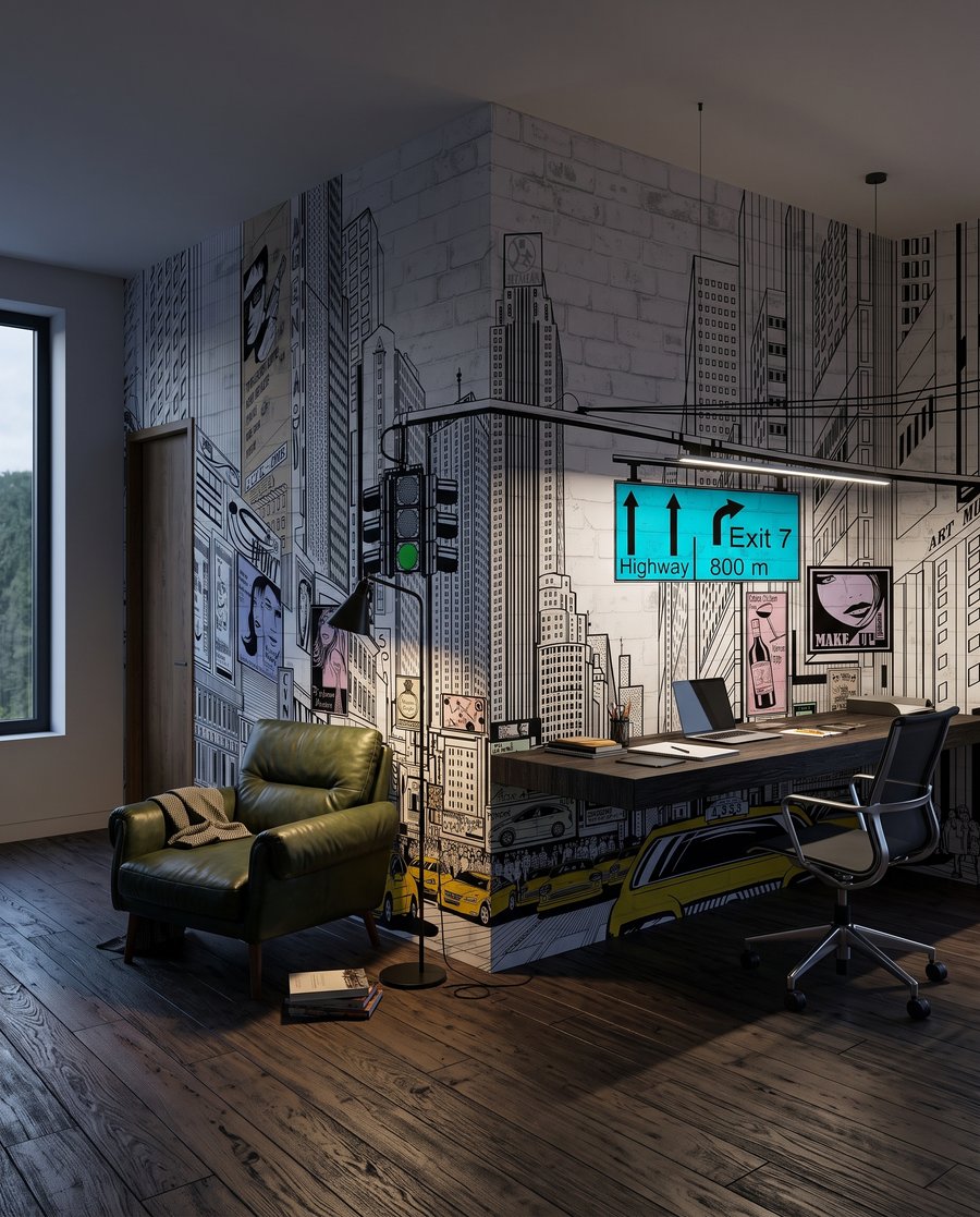 Gele taxi's tussen tekenlijnen — interieur 5