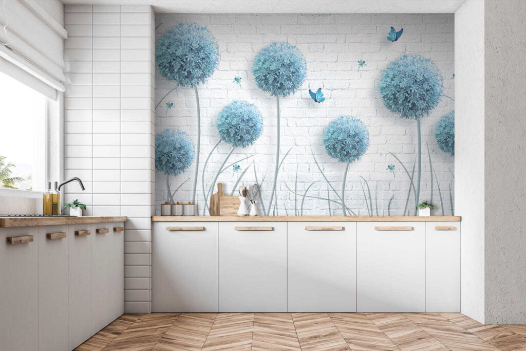 Blauwe bloemschermen voor baksteen — interieur 3