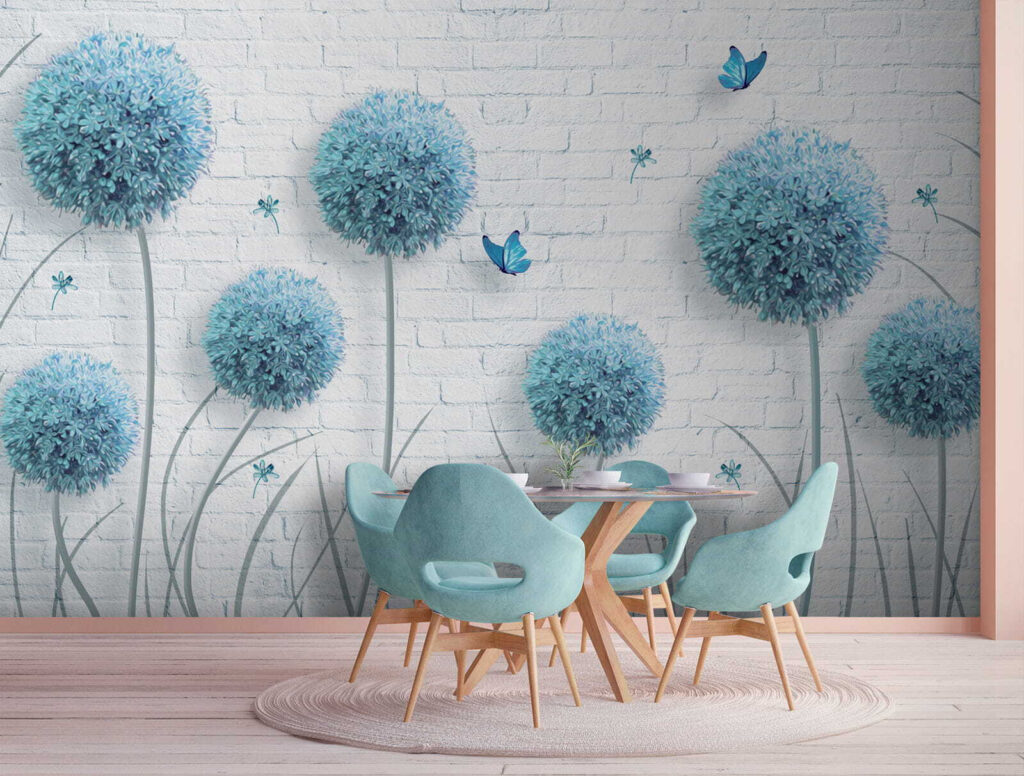 Blauwe bloemschermen voor baksteen — interieur 4